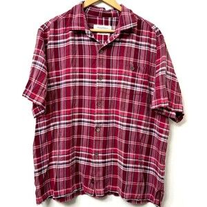 Tommy Bahama Original Fit Red Plaid Silk Short Sleeve Button Up Shirt Men's XL